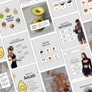 Puede incluir: Una colecci&oacute;n de plantillas digitales para redes sociales con contenido de salud y bienestar. Los gr&aacute;ficos muestran informaci&oacute;n nutricional, datos sobre el aguacate, consejos de motivaci&oacute;n, gu&iacute;as de autocuidado y servicios con dise&ntilde;o limpio.