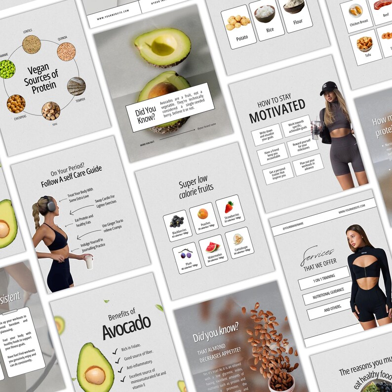 Puede incluir: Una colecci&oacute;n de plantillas digitales para redes sociales con contenido de salud y bienestar. Los gr&aacute;ficos muestran informaci&oacute;n nutricional, datos sobre el aguacate, consejos de motivaci&oacute;n, gu&iacute;as de autocuidado y servicios con dise&ntilde;o limpio.