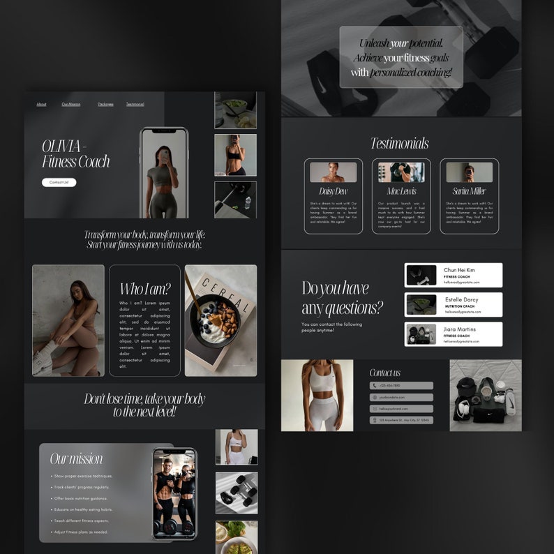 May include: A website for a fitness coach named Olivia. The website features testimonials from past clients, a description of the coach's services, and a call to action to contact the coach. The website is designed in a dark color scheme with white text.