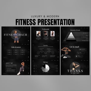 Peut inclure: Un modèle de présentation noir et blanc pour un coach de fitness. Le modèle comprend une table des matières, des témoignages, une chronologie, une hiérarchie des besoins, une section de contact et une diapositive de remerciement. Le modèle présente un design moderne et minimaliste.
