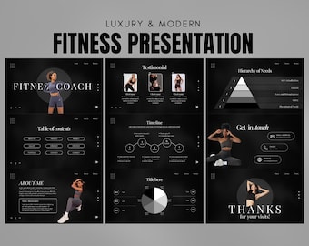May include: A black and white presentation template for a fitness coach. The template includes a table of contents, testimonials, a timeline, a hierarchy of needs, a contact section, and a thank you slide. The template features a modern and minimalist design.