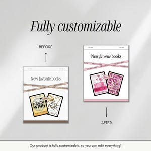 May include: Image showing a customizable product with the text "Fully customizable." The product is a book cover design, with the words "New favorite books" and book titles like "Fourth Wing" and "It Ends With Us."