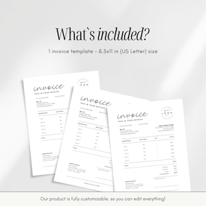 May include: Three white invoice templates with black text. The invoices have a minimalist design with the word "invoice" in a script font. The text "THIS IS YOUR INVOICE" is also visible. The image includes the text "What's included?" and "Our product is fully customizable, so you can edit everything!"