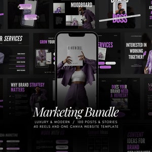 Könnte beinhalten: Ein Marketing-Paket für soziale Medien mit einem violetten und weißen Farbschema. Das Paket enthält 100 Beiträge und Stories, 40 Reels und eine Canva-Website-Vorlage. Der Text "Marketing Bundle" ist in großen, fetten Buchstaben. Der Text "Luxury & Modern" ist in kleineren Buchstaben unter dem Titel. Der Text "100 Posts & Stories" ist in kleineren Buchstaben unter dem Titel. Der Text "40 Reels and One Canva Website Template" ist in kleineren Buchstaben unter dem Titel.