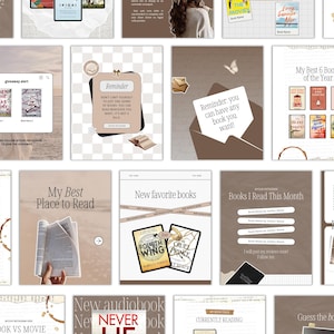 May include: A collection of social media templates with a neutral color palette. The templates feature book-related themes, including book reviews, reading lists, and quotes. Text includes "Reminder", "New favorite books", and "Books I Read This Month".