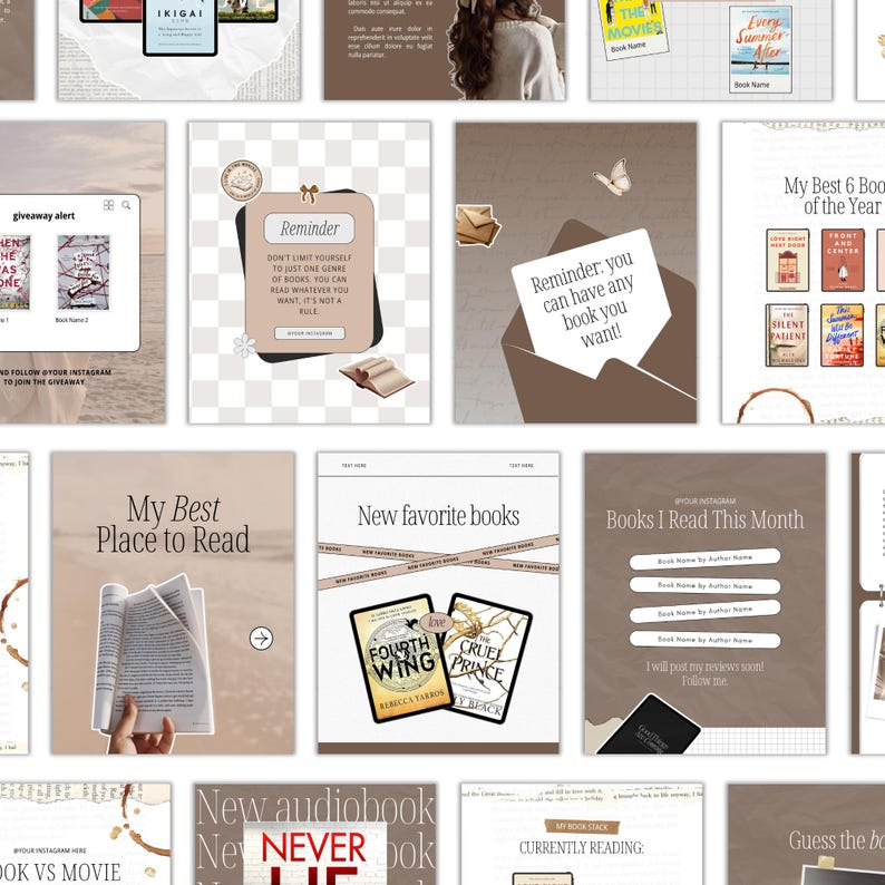 May include: A collection of social media templates with a neutral color palette. The templates feature book-related themes, including book reviews, reading lists, and quotes. Text includes "Reminder", "New favorite books", and "Books I Read This Month".