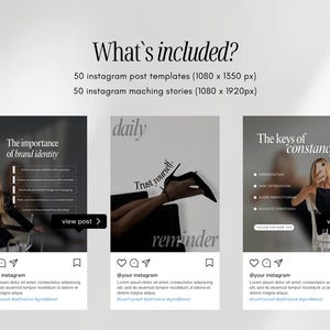 May include: A digital product mockup showcasing three Instagram post templates. The templates feature text and images with the phrases "The importance of brand identity", "daily reminder", and "The keys of constancy". The mockup includes the text "What's included?" and Instagram post dimensions.