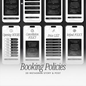 May include: A digital graphic design featuring eight smartphone mockups displaying business policies. The screens show information on opening hours, cancellation, price list, and refund policies. The text "Booking Policies" and "20 Instagram Story & Post" are also visible.