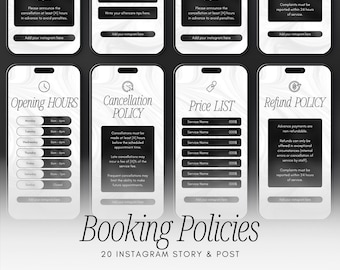May include: A digital graphic design featuring eight smartphone mockups displaying business policies. The screens show information on opening hours, cancellation, price list, and refund policies. The text "Booking Policies" and "20 Instagram Story & Post" are also visible.