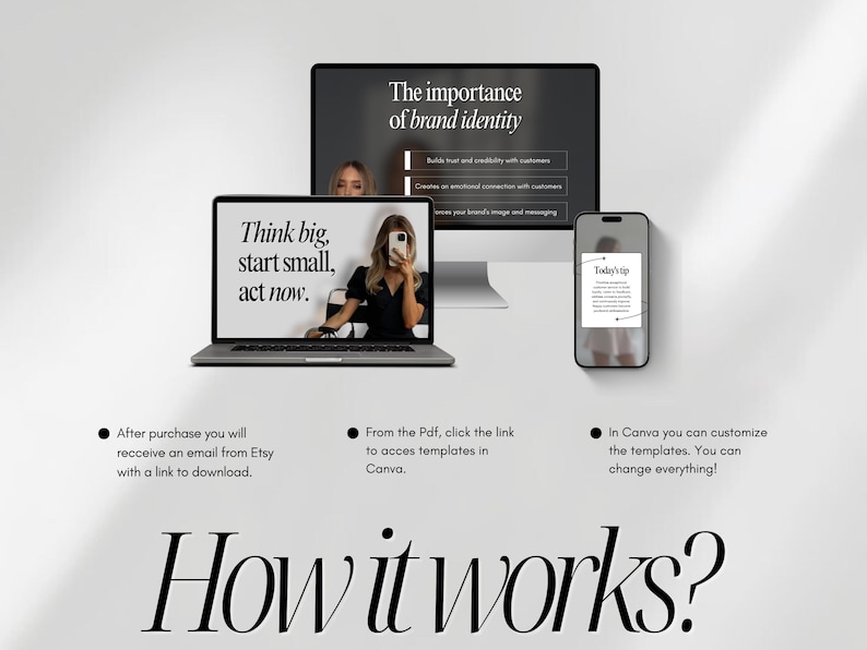 May include: A digital marketing graphic with a laptop, monitor, and smartphone. The laptop displays "Think big, start small, act now." The monitor shows "The importance of brand identity." The smartphone shows "Today's tip."