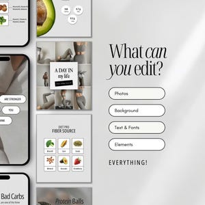 Puede incluir: Una pantalla de plantilla digital con m&uacute;ltiples dise&ntilde;os para redes sociales. El texto dice What can you edit? seguido de Photos, Background, Text & Fonts, Elements y EVERYTHING! Incluye gr&aacute;ficos de alimentos como aguacate, br&oacute;coli y ma&iacute;z.
