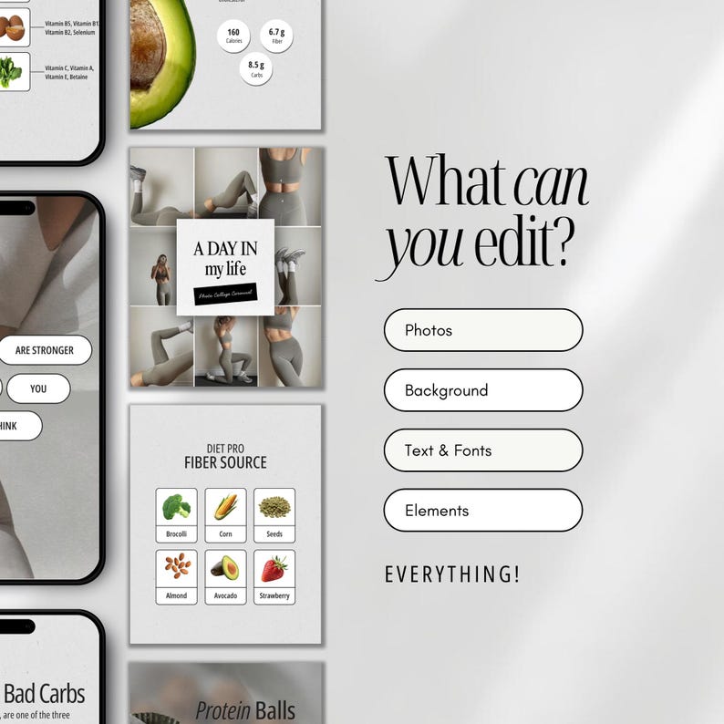 Puede incluir: Una pantalla de plantilla digital con m&uacute;ltiples dise&ntilde;os para redes sociales. El texto dice What can you edit? seguido de Photos, Background, Text & Fonts, Elements y EVERYTHING! Incluye gr&aacute;ficos de alimentos como aguacate, br&oacute;coli y ma&iacute;z.
