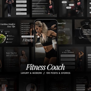 100 Fitness Coach Instagram Template | Black Personal Trainer Templates | Gym Trainer Post | Luxury Fitness | Wellness Coach | Health Coach