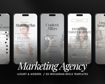 Op de afbeelding: Drie telefoon-schermmockups met een zwarte achtergrond. De mockups tonen verschillende marketingtips voor sociale media. De eerste mockup toont een lijst met stappen voor het maken van een marketingplan. De tweede mockup toont de vier pijlers van contentmarketing: educatief, boeiend, vermakelijk en promotioneel. De derde mockup toont een tip om je doelgroep te kennen. De tekst onderaan de mockups luidt "Marketing Agency, Luxury & Modern, 20 Instagram Reels Templates."