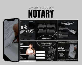May include: A black and white image of a phone screen showing a website for a notary service. The website has a black background with white text and images. The text on the screen says "Book Now" and "Our Services". The image also shows a phone screen with a black background and white text that says "Business that need notaries".