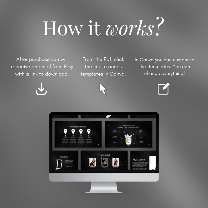 Op de afbeelding: Een computerscherm met een Canva-ontwerptemplate voor een fitnessprogramma. De template bevat een titel, "Your Transformation", en verschillende secties, waaronder "Treadmill", "Testimonial" en "Age Range".