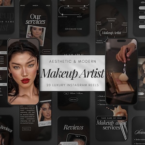 Könnte beinhalten: Eine Sammlung von Instagram-Story-Vorlagen für Make-up-Artists. Die Vorlagen haben einen schwarzen Hintergrund mit weißem Text und Bildern von Make-up-Pinseln, Make-up-Paletten und einer Frau mit Make-up. Der Text enthält Sätze wie "Unsere Dienstleistungen", "Make-up-Artist", "Ästhetisch & Modern", "Passen Sie auf sich auf!" und "Bewertungen".