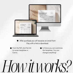 May include: A laptop and desktop computer display a digital invoice template. The word "invoice" is at the top of the template. The text "How it works?" is at the bottom of the image, along with instructions on how to access the template.