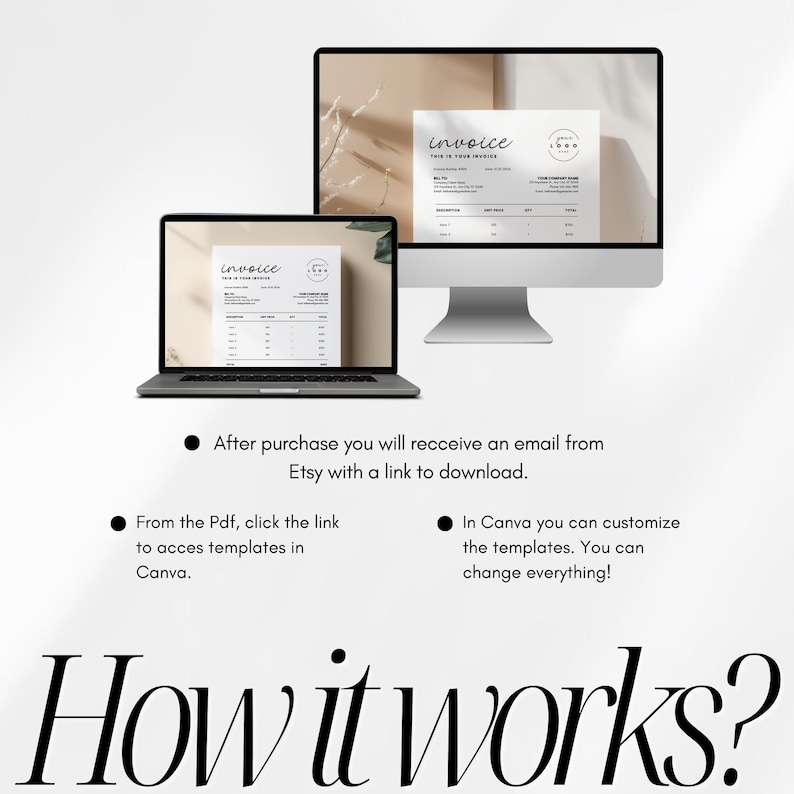 May include: A laptop and desktop computer display a digital invoice template. The word "invoice" is at the top of the template. The text "How it works?" is at the bottom of the image, along with instructions on how to access the template.