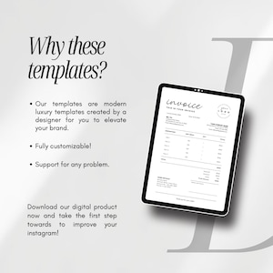May include: A digital tablet displaying a black and white invoice template. The text on the screen reads "invoice" and includes fields for item descriptions, quantities, and totals. The image also includes the text "Why these templates?" and bullet points.