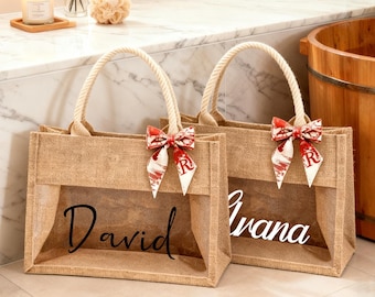 Customized jute beach gift bags, personalized tote bags, wedding party favors.