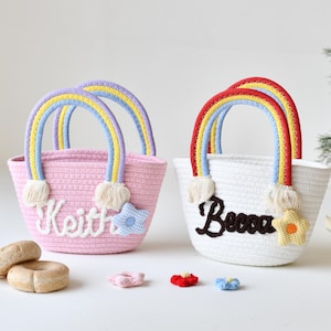 Personalisierter Regenbogen gewebter Korb mit benutzerdefiniertem gesticktem Namen, Quaste im Boho-Stil, Seil-Baumwollbaby-Geschenkkorb, einzigartige Geschenkidee