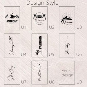 May include: A collection of design styles for personalized items. Designs include mountain scenes, a camper van, names with dates, and other custom text options. The text includes names like Anthony, Brianna, and Kathy.