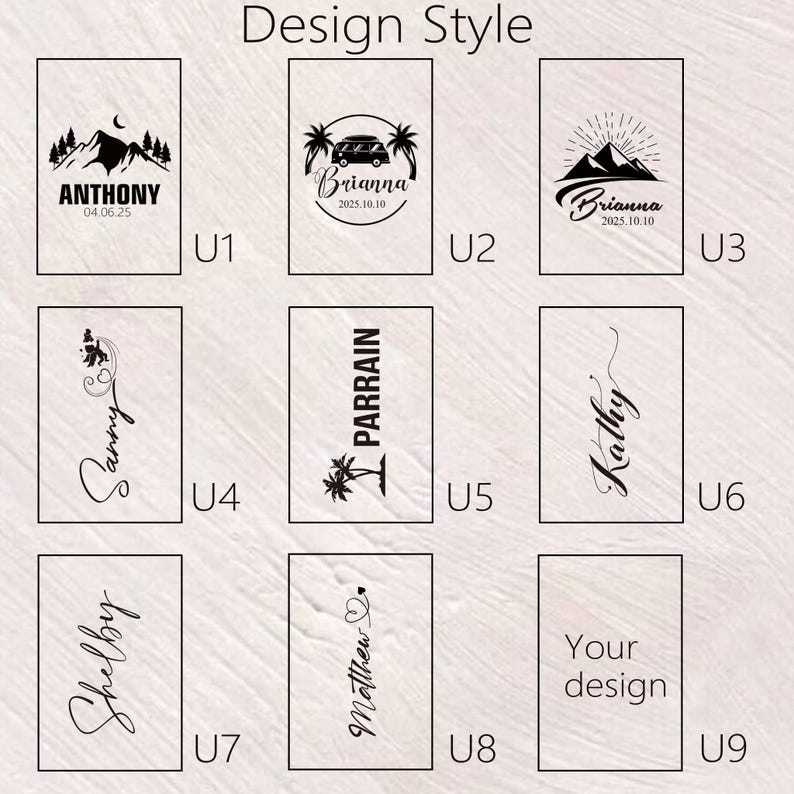 May include: A collection of design styles for personalized items. Designs include mountain scenes, a camper van, names with dates, and other custom text options. The text includes names like Anthony, Brianna, and Kathy.