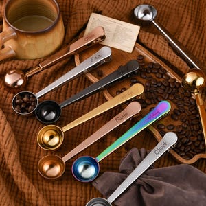Personalisierte Kaffeeschaufel und Clip, gravierter Kaffee Messlöffel, Geschenk für Kaffee-Liebhaber, Taschenclip, personalisiertes Geschenk für Kaffee-Enthusiasten