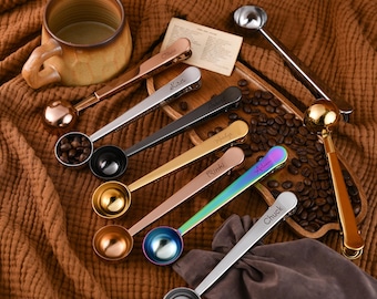 Personalised Coffee Scoop and Clip,Engraved Coffee Measuring Spoon,Coffee Lover&#39;s Gift,Bag Clip,Personalized Gift for Coffee Enthusiasts