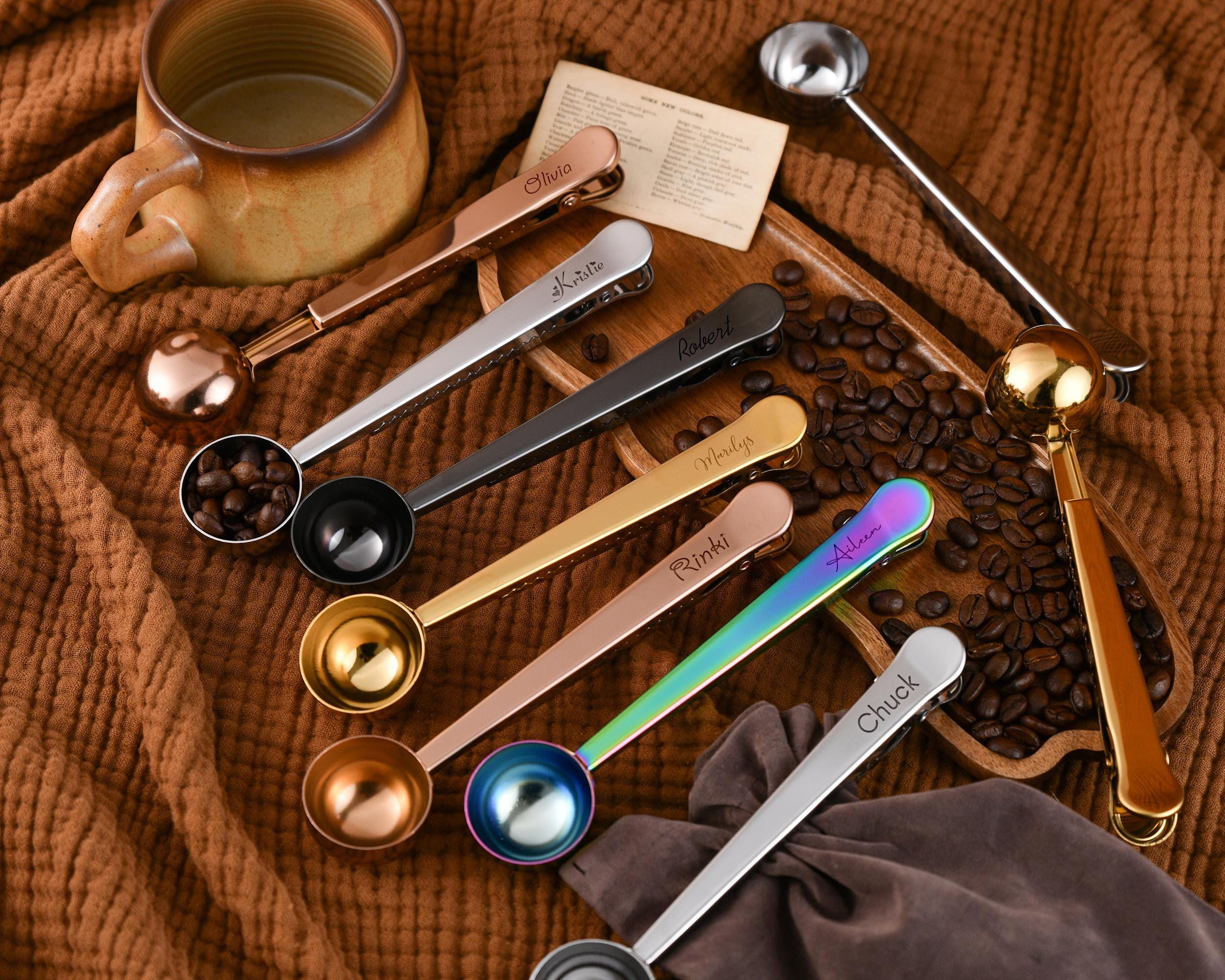 Personalised Coffee Scoop and Clip,Engraved Coffee Measuring Spoon,Coffee Lover's Gift,Bag Clip,Personalized Gift for Coffee Enthusiasts