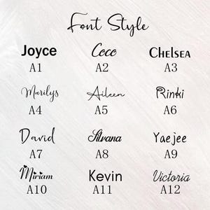 K&ouml;nnte beinhalten: Grafik mit verschiedenen Schriftarten, darunter "Joyce", "Coco" und "Chelsea". Jeder Name hat einen Code, z. B. A1, A2 und A3. Der Text "Font Style" steht oben.