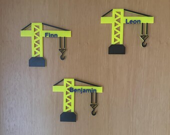 Personalized crane nameplate made of plastic – 3D-printed door sign for children's rooms – construction site decoration with desired name & color selection