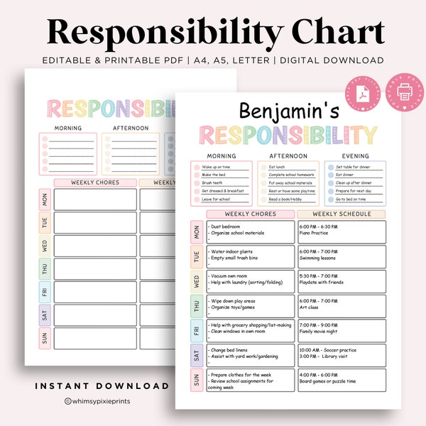 Kids Daily Responsibilities Chart, Responsibility Chore Chart for Kids, Daily Routine Checklist, Child Homeschool PDF, Printable To Do List