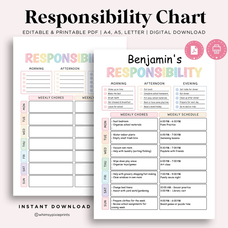 Kids Daily Responsibilities Chart, Responsibility Chore Chart for Kids ...