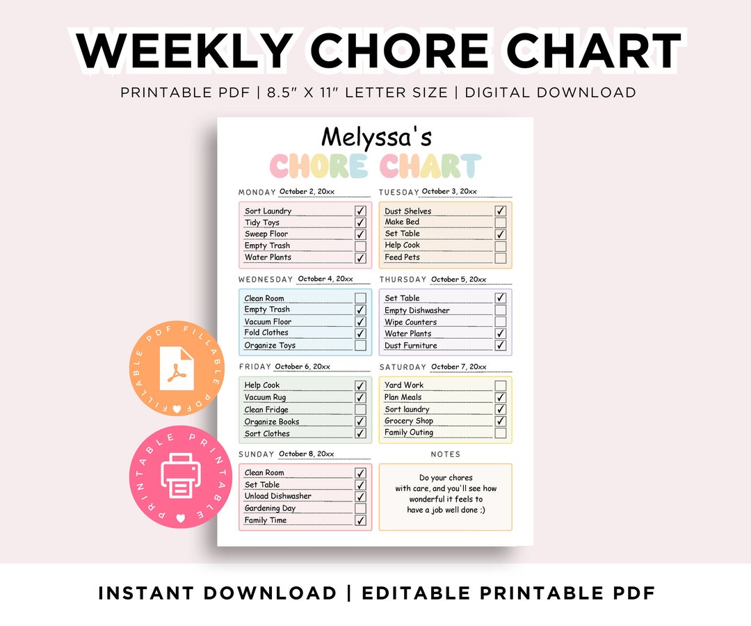 Weekly Chore Chart for Kids, Kids Daily Weekly Responsibility Chart ...