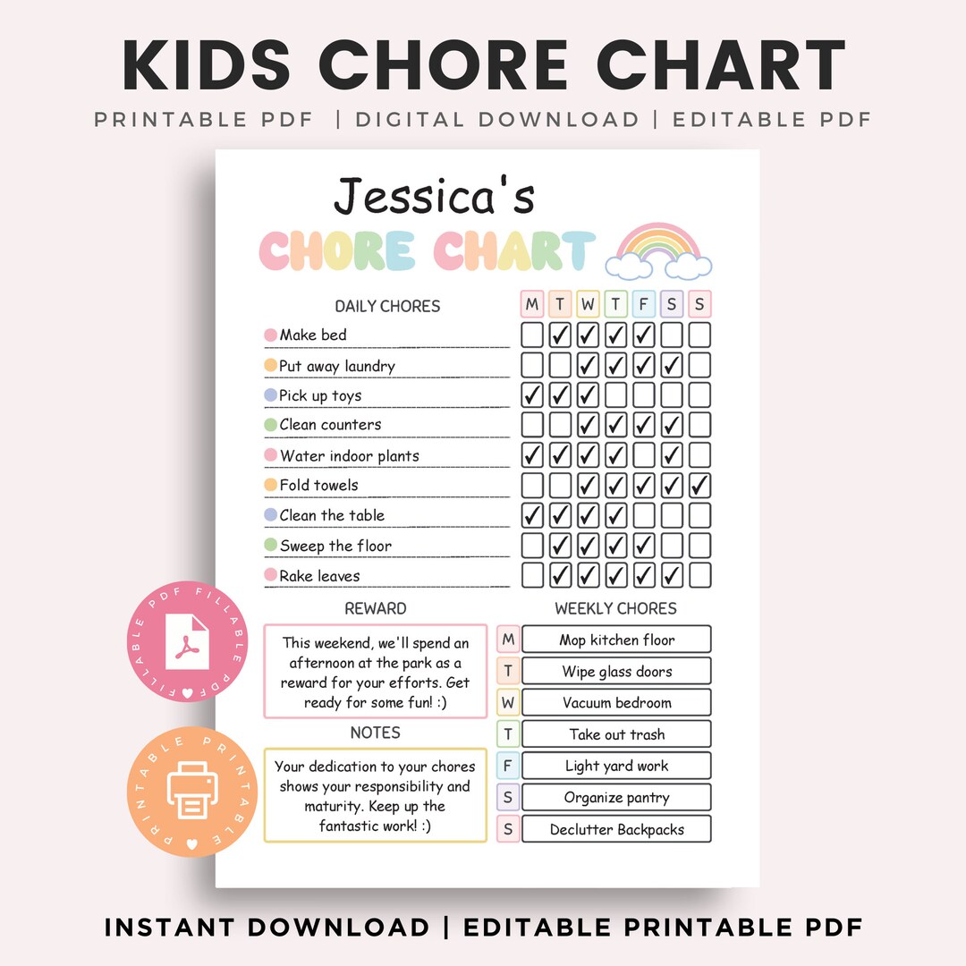 Editable Kids Chore Charts, Kids Chores PDF, Cleaning Planner for Kids ...