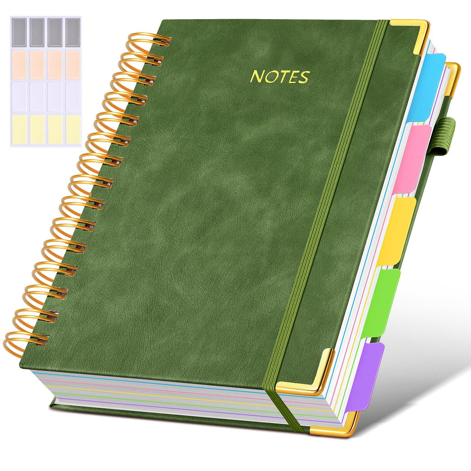 300 Pages Timeless Leather 5 Subject Notebook College Ruled, 8"x10" Hardcover Spiral Notebook Journal with Removable Dividers Tabs