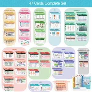 49 horizontale referentiekaarten voor verplegingsbadge, set essentiële benodigdheden voor verpleegschool, spiekbriefjes met bonusgegevens, ECG, vitale functies, enz. voor verpleegkundige