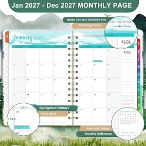 May include: A 2027 monthly planner open to January, featuring a spiral binding, a cloud-themed header, and a grid layout. The page includes a notes section, a December 2026 reference calendar, and a 1.25 inch by 1.25 inch daily block.