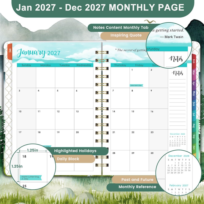 May include: A 2027 monthly planner open to January, featuring a spiral binding, a cloud-themed header, and a grid layout. The page includes a notes section, a December 2026 reference calendar, and a 1.25 inch by 1.25 inch daily block.