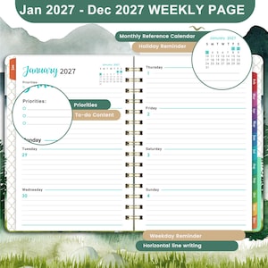 May include: A 2027 weekly planner open to January, featuring a spiral binding, lined writing spaces for each day of the week, a monthly reference calendar, and dedicated sections labeled Priorities and To-do Content with a green and tan color scheme.