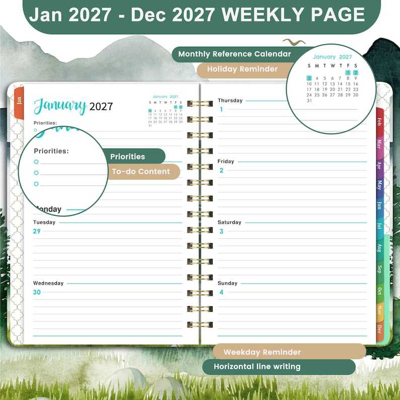 May include: A 2027 weekly planner open to January, featuring a spiral binding, lined writing spaces for each day of the week, a monthly reference calendar, and dedicated sections labeled Priorities and To-do Content with a green and tan color scheme.