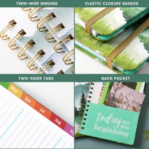 May include: A planner featuring gold twin-wire binding, an elastic closure band, and monthly tabs labeled May through September. The back pocket displays the text "today is a new beginning" and a card with "WANT TO MAKE ORDINARY".
