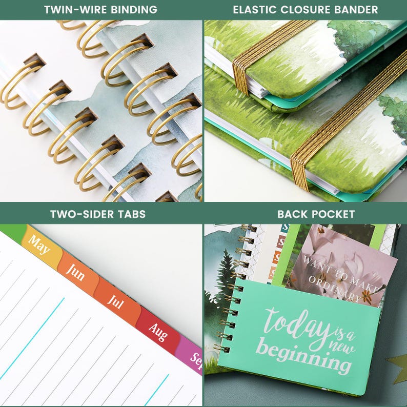 May include: A planner featuring gold twin-wire binding, an elastic closure band, and monthly tabs labeled May through September. The back pocket displays the text "today is a new beginning" and a card with "WANT TO MAKE ORDINARY".