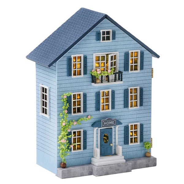 DIY Miniature Dollhouse Kit with Furnitures for Home Decor Seattle Villa Model The Blue House Gift