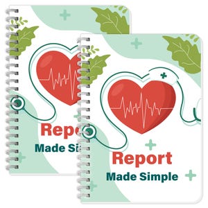 May include: Two spiral-bound notebooks with a medical theme. Each notebook features a red heart with a heartbeat line, a stethoscope, and the text "Report Made Simple." The background has a light green and white design with leaf and cross accents.