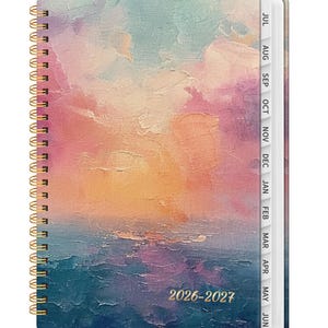 May include: A spiral-bound planner for 2026-2027 featuring a textured, impasto-style oil painting cover with a sunset gradient of pink, orange, and deep blue hues. The planner includes side-tabbed dividers labeled with months from July to June.