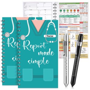 以下が含まれることがあります： 聴診器のグラフィック、「Report made simple」と「Nurse」の文字、2つのポケットが描かれたティールカラーのリング綴じ看護師用レポートノート2冊。医療用リファレンスシートと、定規付きのシルバーとブラックのペン2本が含まれています。
