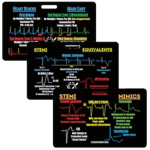 umfang EKG Badge Card - 3 Stück doppelseitiges STEMI Badge Card Set - Telemetrie Badge Card mit STEMI Mimics, Äquivalenten, Herzblöcken